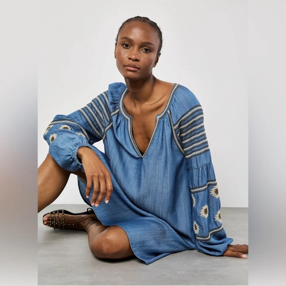 APRICOT 🍑- Blue Embroidered Long Sleeve V-Neck Dress - Picture 4 of 6